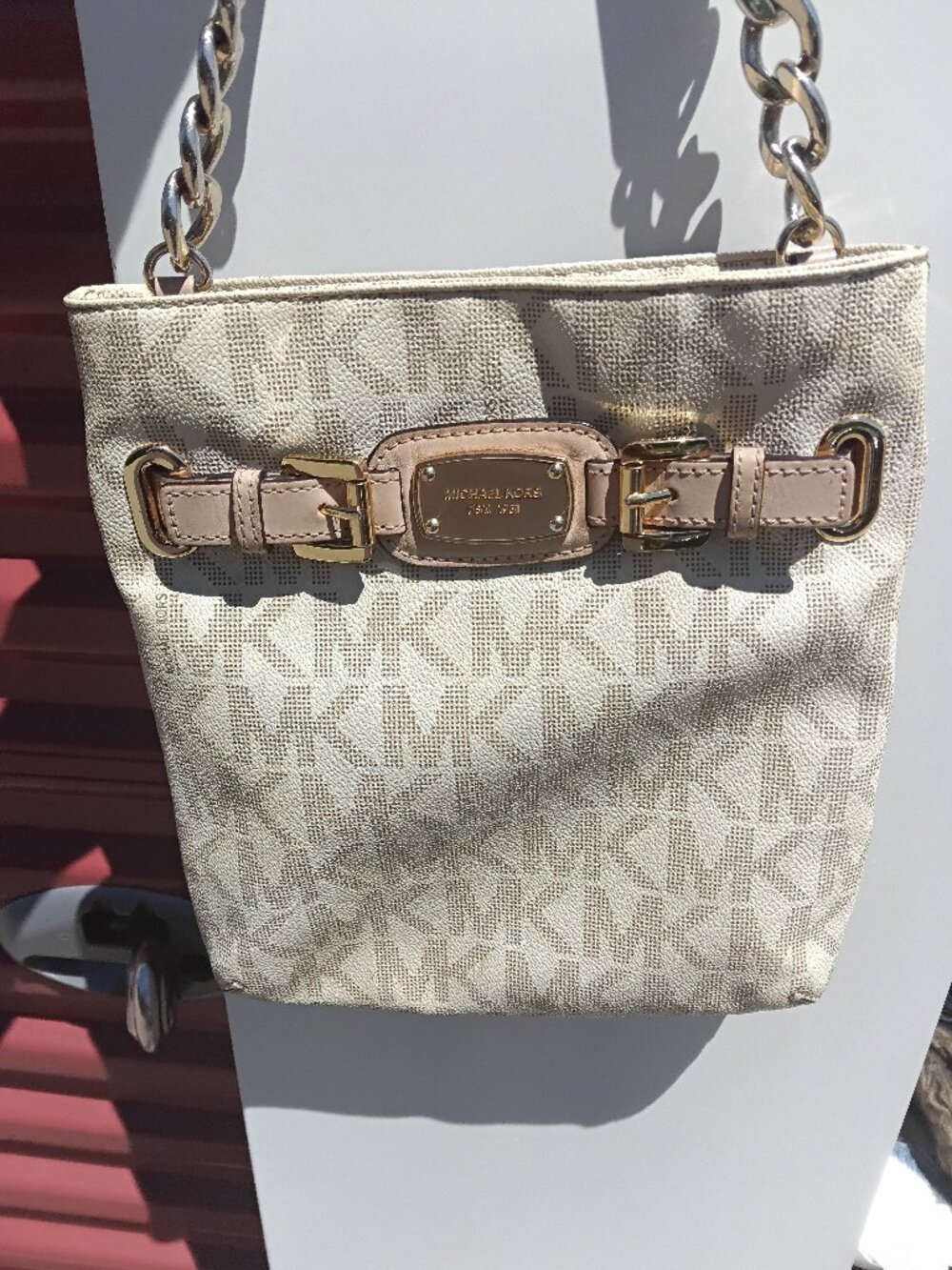 Michael Kors Crossbody Messenger Bag Tan Gold MK Signature Print Coated Canvas